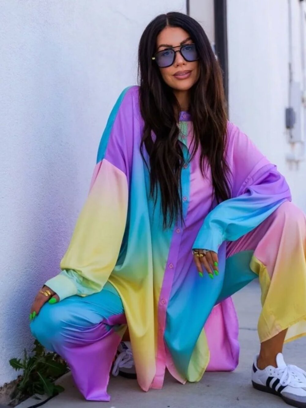 Dressed in LALA Satin Playsuit in Rainbow Daydream **HEMMED**